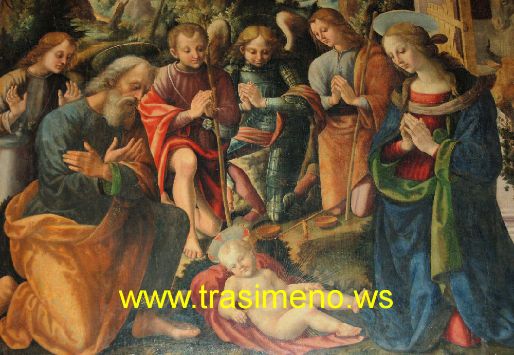 Adorazione dei pastori e Eterno con Angeli musicanti di Giovan Battista Caporali 1519